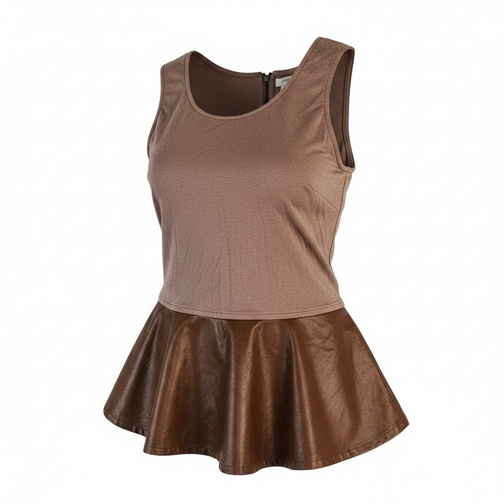 Truly Dear Womens Brown Peplum Top Faux Leather Mixed Media Sleeveless Small